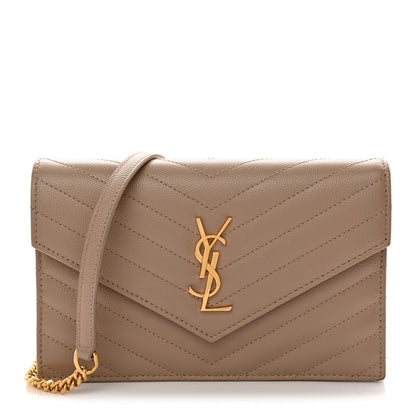 Saint Laurent Grain De Poudre Matelasse Chevron Monogram Envelope Chain Wallet Dark Beige 1 of 13