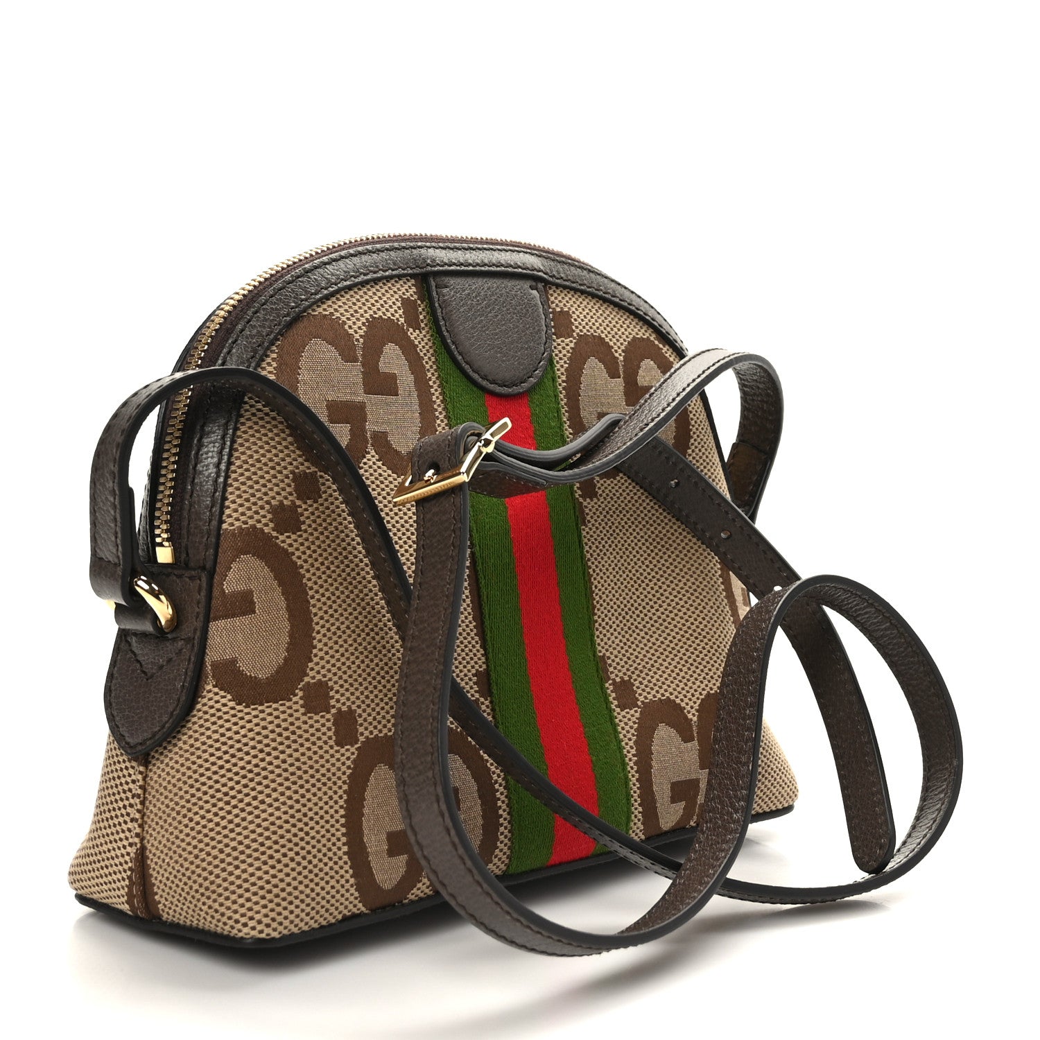 Gucci Monogram Jumbo GG Textured Dollar Calfskin Web Small Ophidia Dome Shoulder Bag Camel Ebony New Acero 3 of 9
