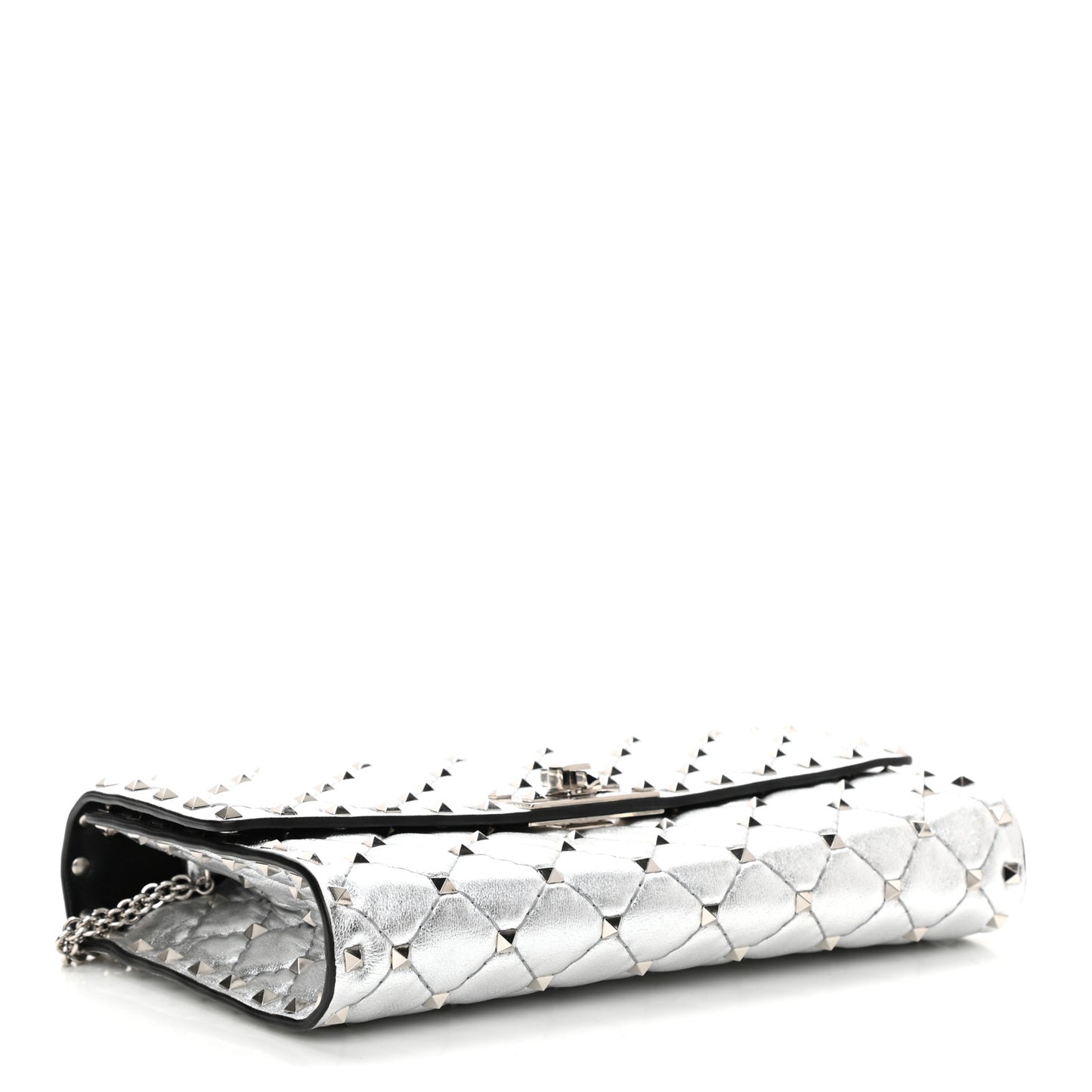 Metallic Lambskin Rockstud Spike Wallet on Chain Silver