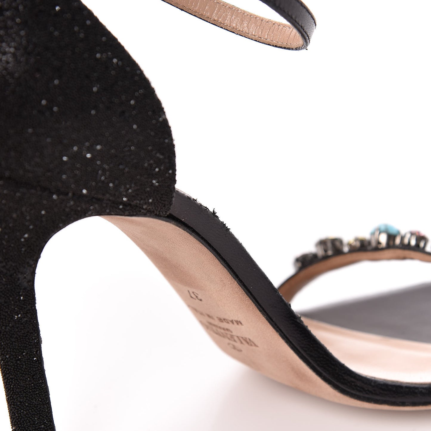 Beaded Jewel Embellished Ankle Strap Sandals 37 Black
