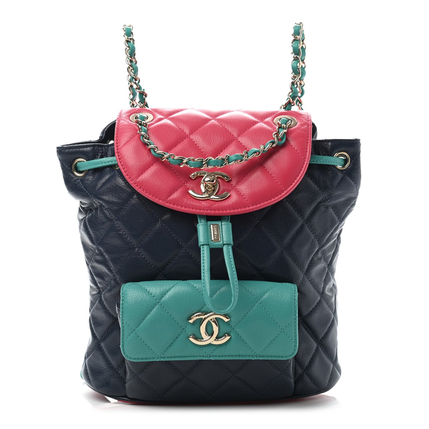 Goatskin Quilted Duma Drawstring Backpack Navy Turquoise Pink