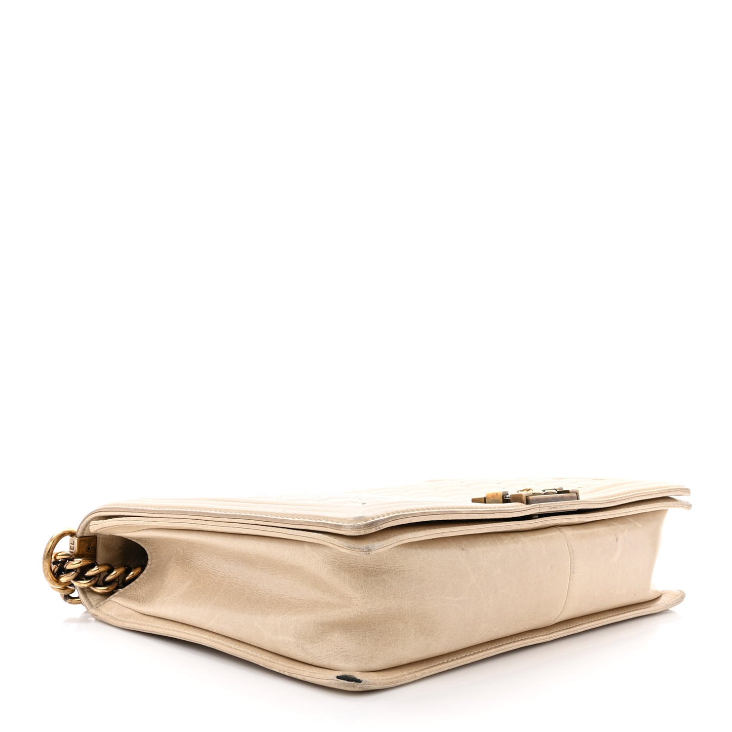 Glazed Calfskin Quilted Large Boy Flap Beige