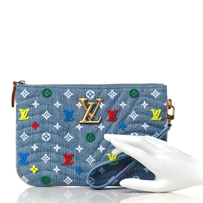 Louis Vuitton Embroidered Monogram Denim New Wave Zipped Pochette Blue 2 of 7