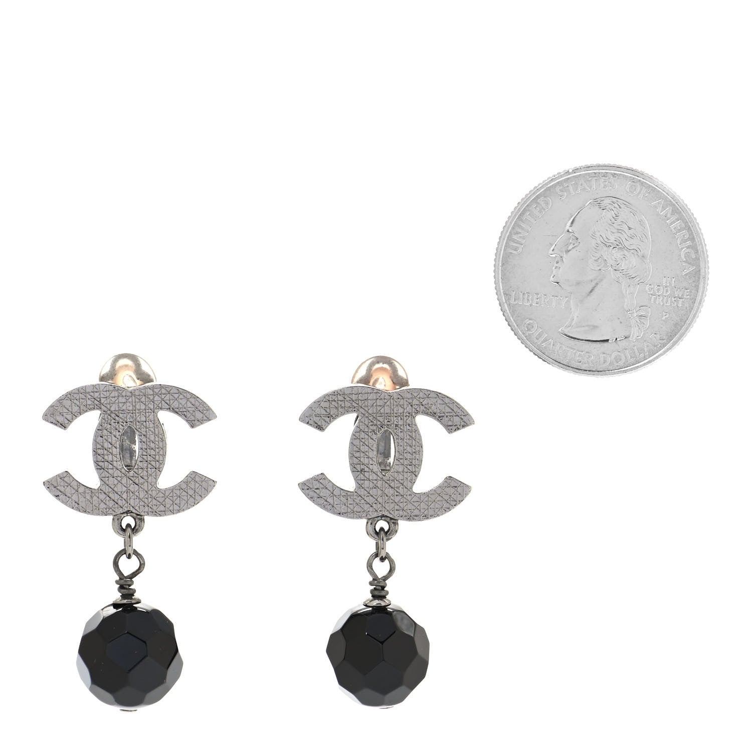 Chanel Ruthenium CC Bead Drop Clip On Earrings Black 2 of 4