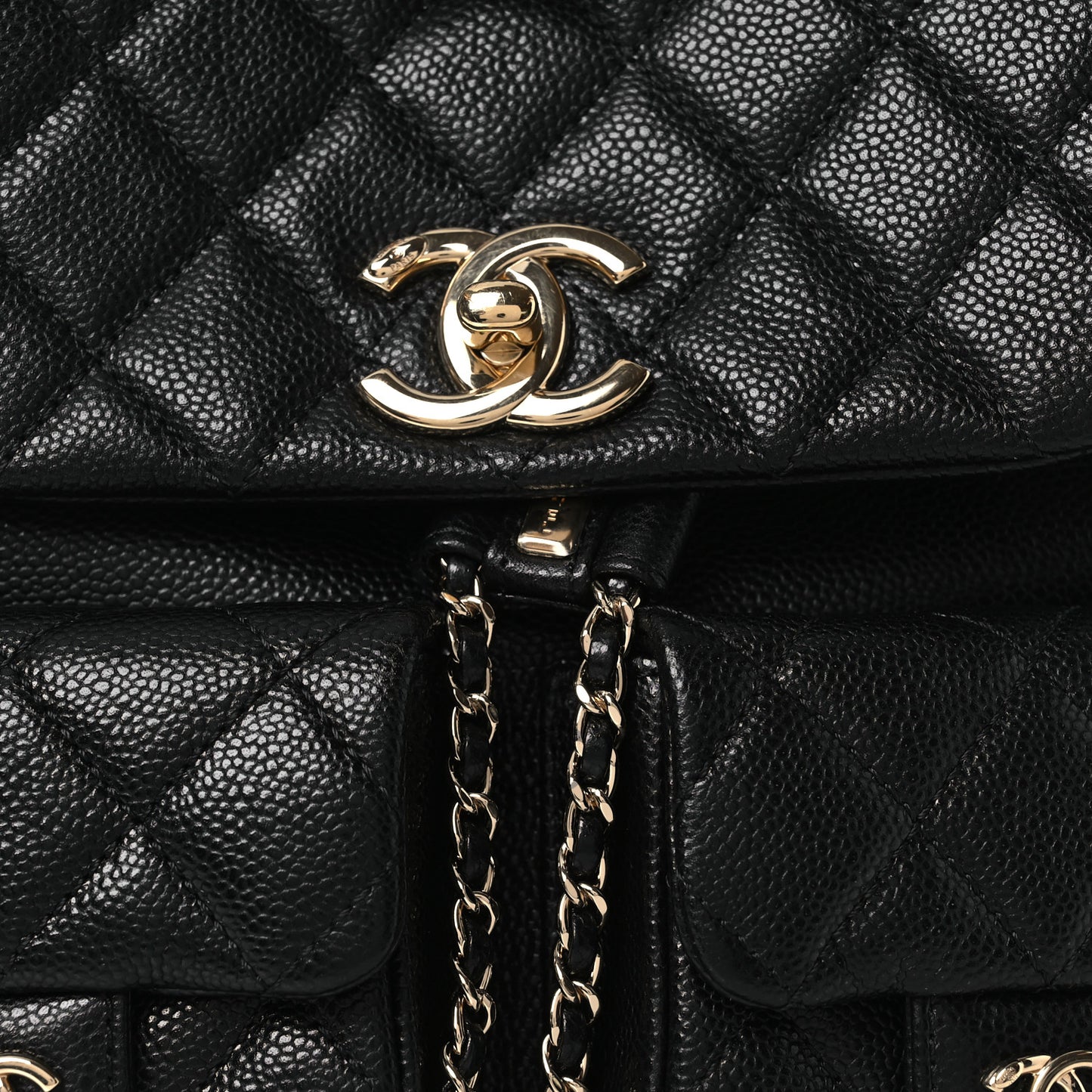 Shiny Caviar Quilted Medium Duma Pockets Drawstring Backpack Black