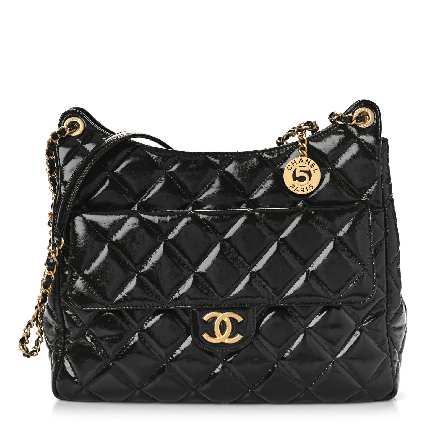 Shiny Crumpled Calfskin Quilted Large Wavy CC Hobo Black