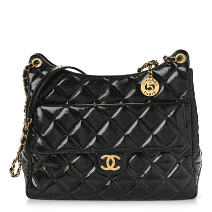 Chanel Shiny Crumpled Calfskin Quilted Large Wavy CC Hobo Black 1 of 9