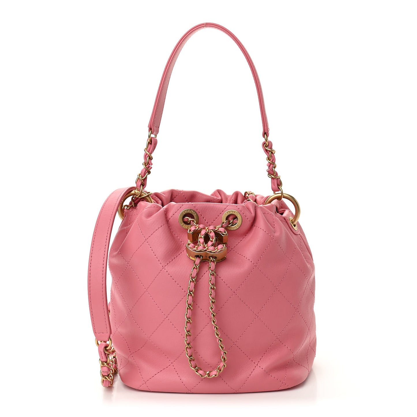 Lambskin Quilted Antique Signs Drawstring Bag Pink