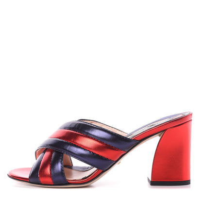 Gucci Metallic Nappa Crossover Mid Heel Slide Sandals 39.5 Blue Flame Red 1 of 9