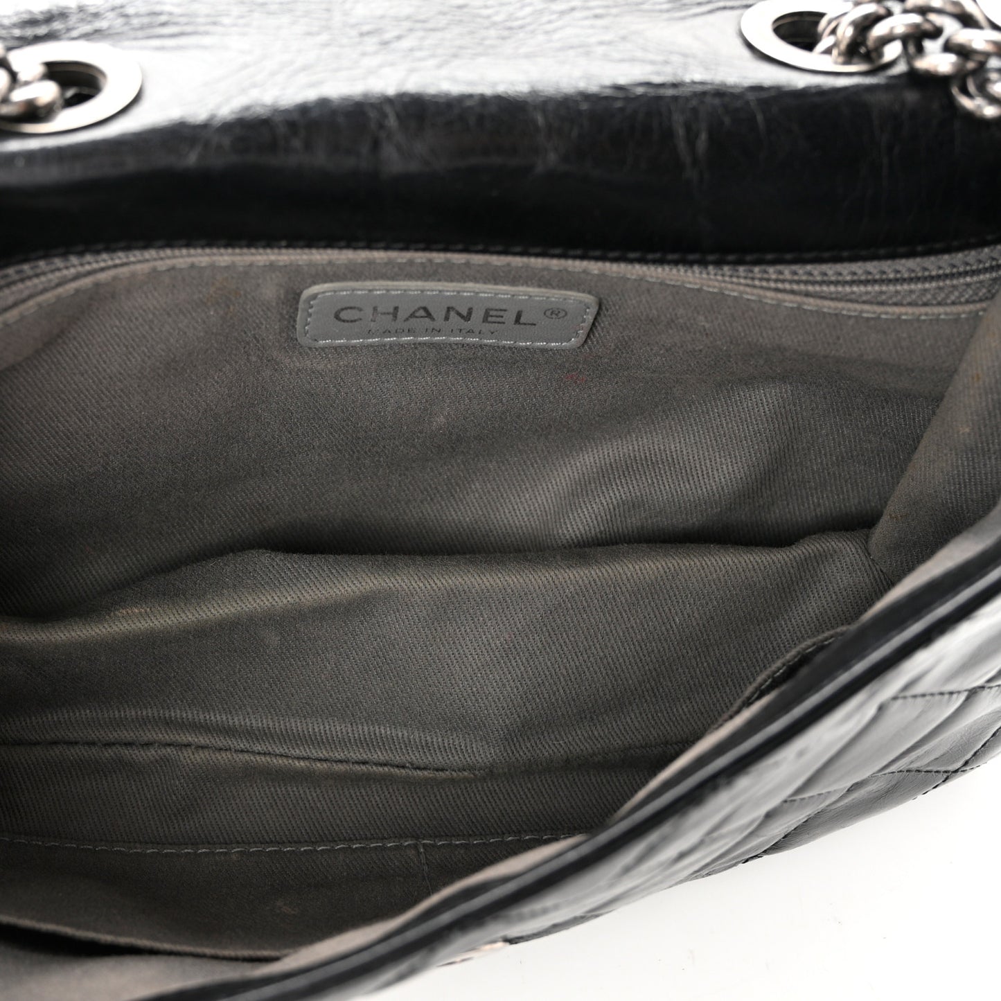 Glazed Calfskin Quilted Metal Chain Flap Black