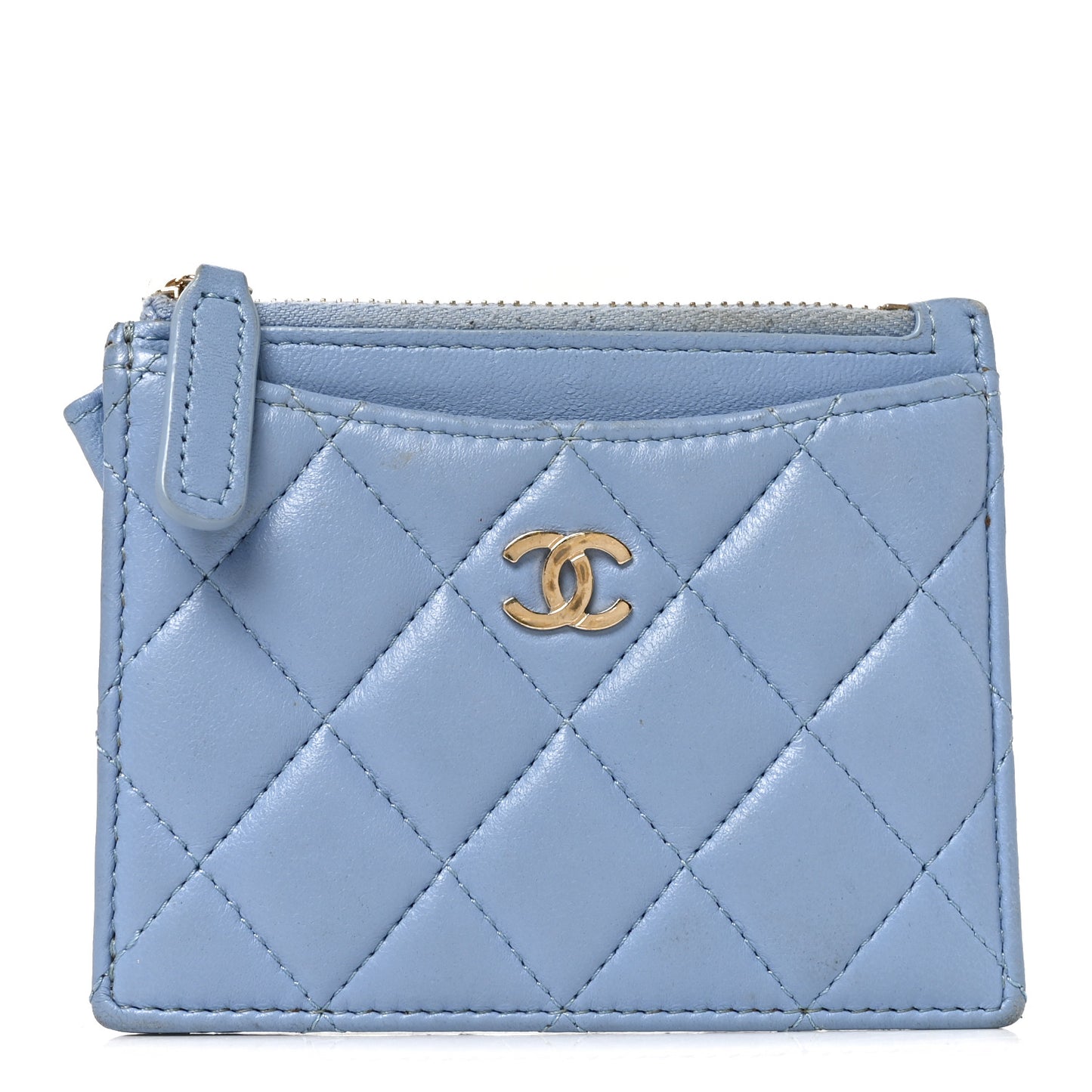 Lambskin Quilted CC Zip Card Holder Light Blue