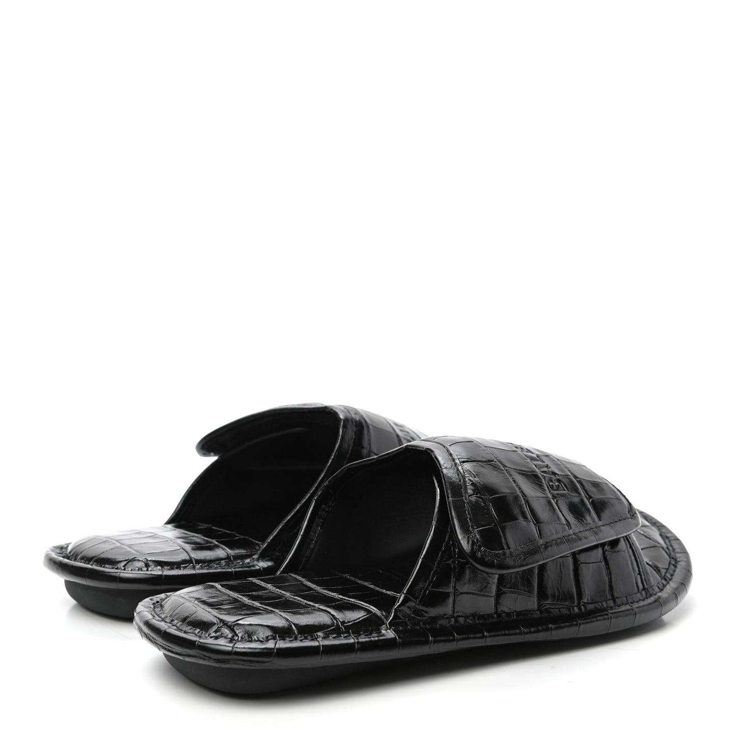 BALENCIAG Calfskin Logo Crocodile Embossed Home Slide Sandals 37 Black