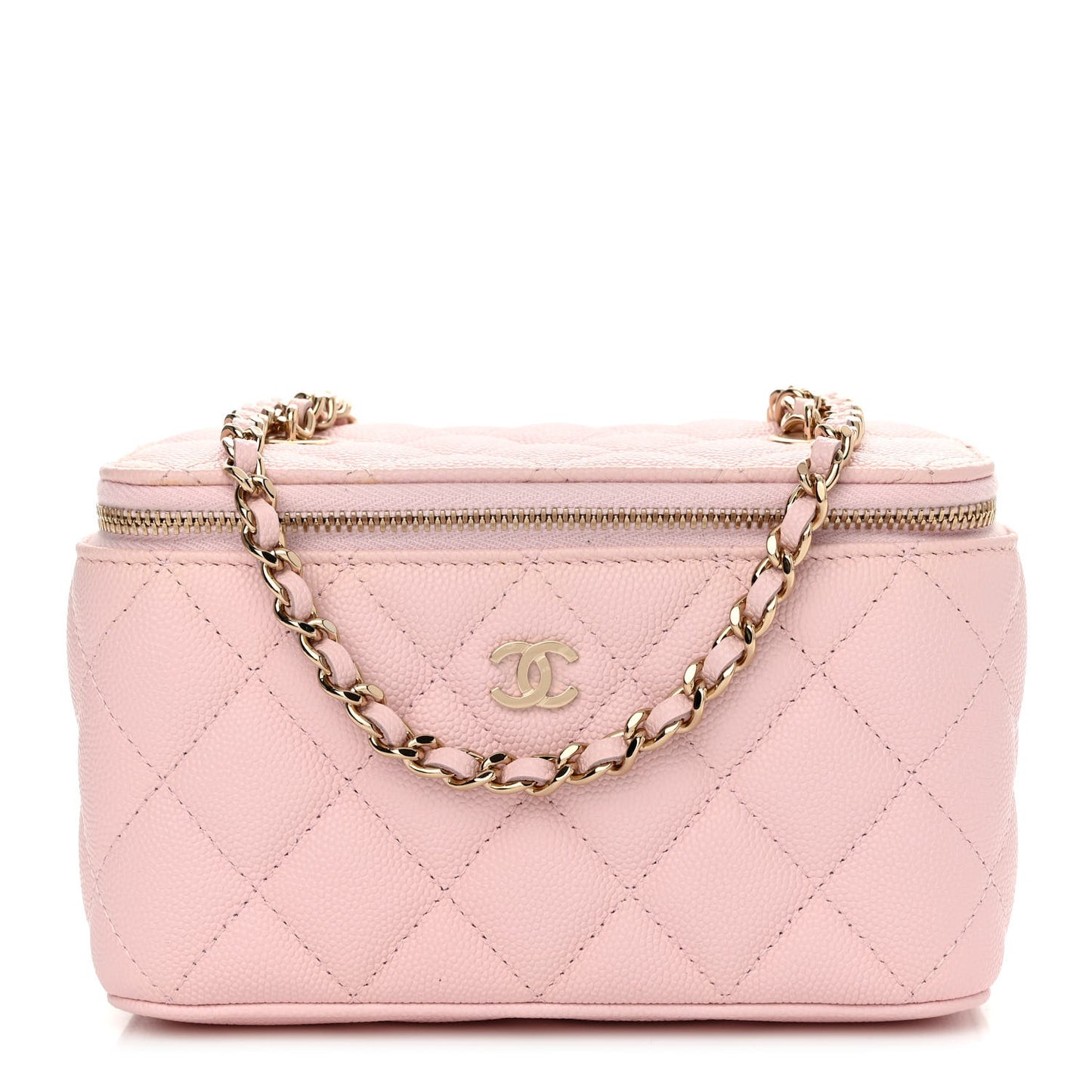 Caviar Quilted Small Vanity Case With Chain Light Pink