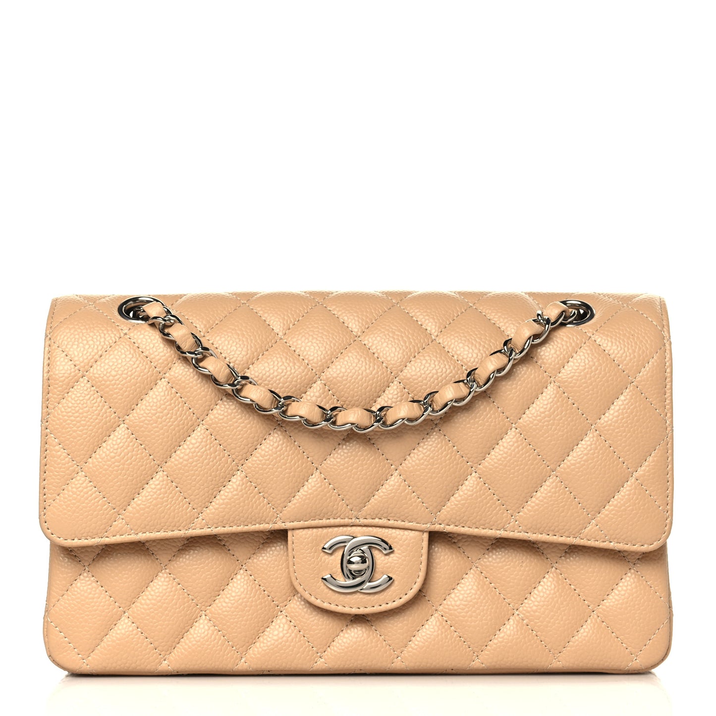 Caviar Quilted Medium Double Flap Beige