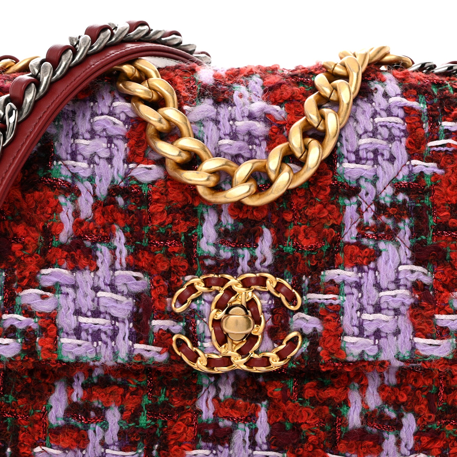 Chanel Tweed Quilted Medium Chanel 19 Flap Red Purple Green 8 of 10
