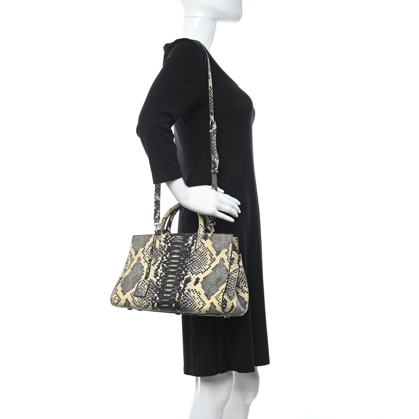 Calfskin Snakesin Embossed Small Cabas Rive Gauche Black White