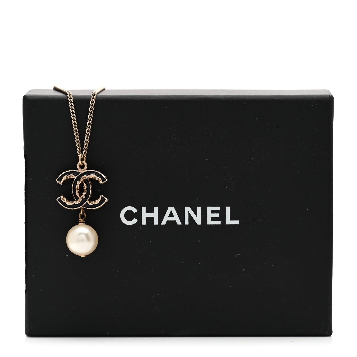 Enamel Pearl CC Baroque Drop Necklace Black Gold