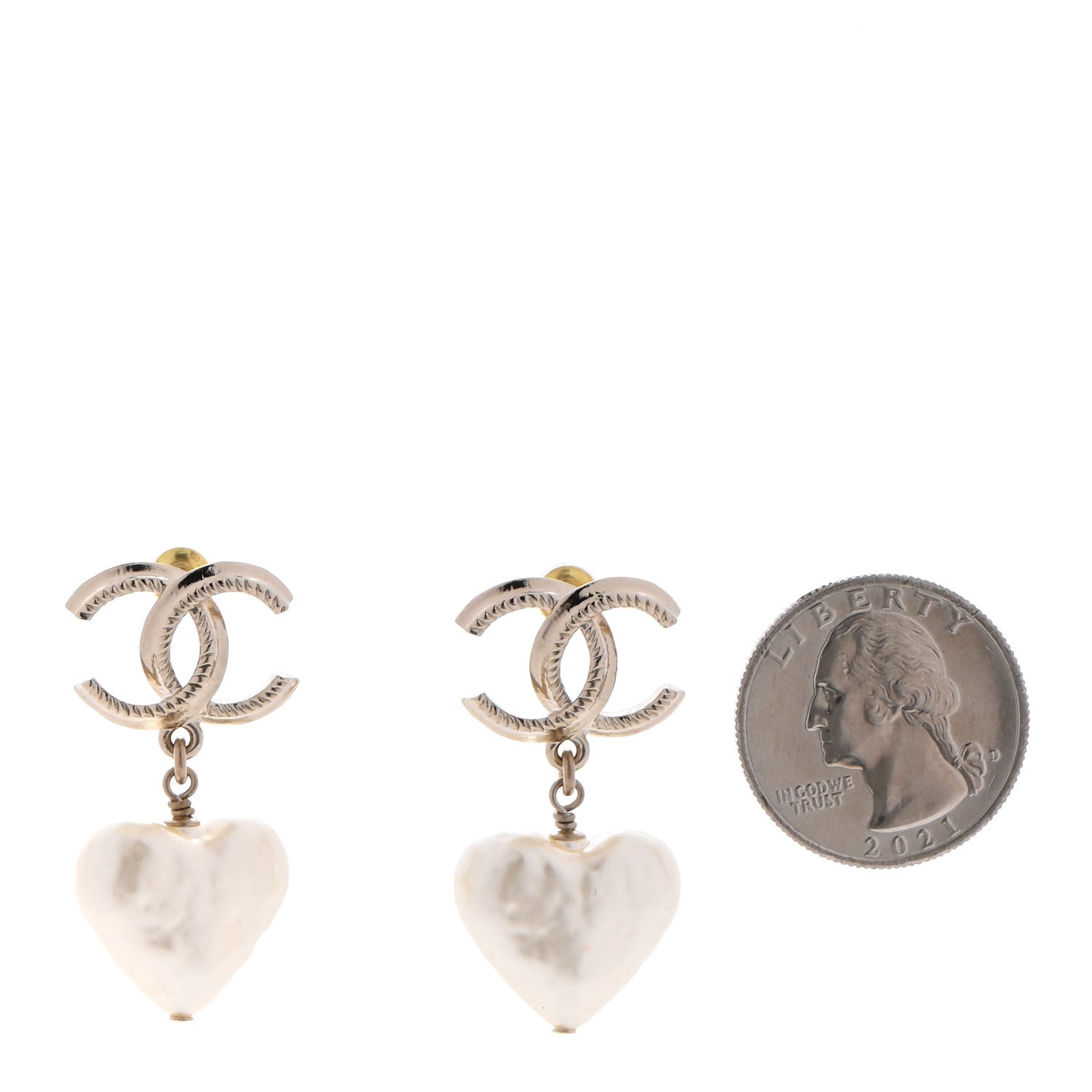 Chanel Pearl CC Heart Drop Earrings Gold 2 of 4