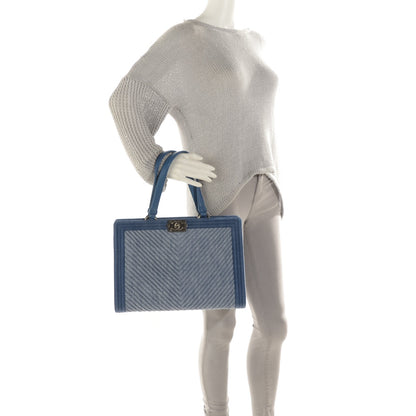 Chanel Denim Chevron Quilted Large Boy Shopping Tote Light Blue 2 of 8