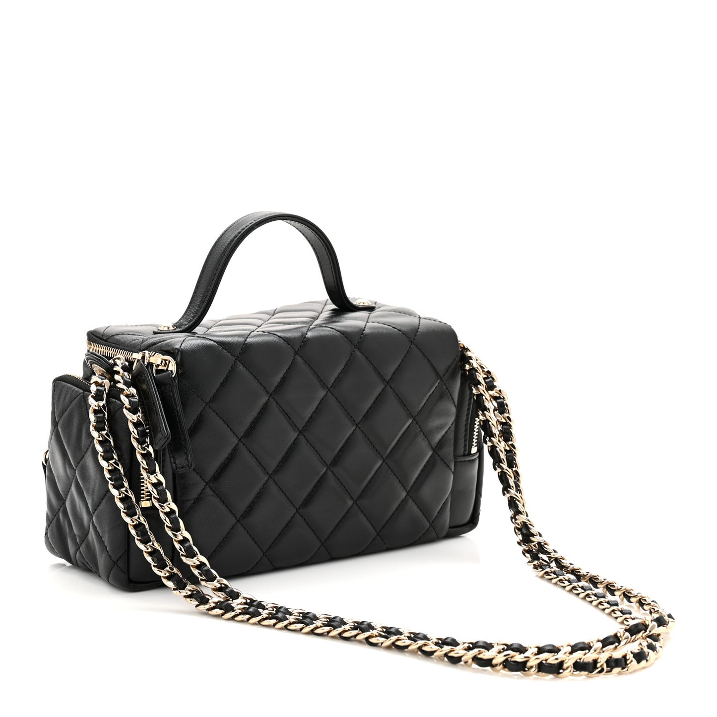 Lambskin Quilted Multi Pocket Top Handle Vanity With Chain Black
