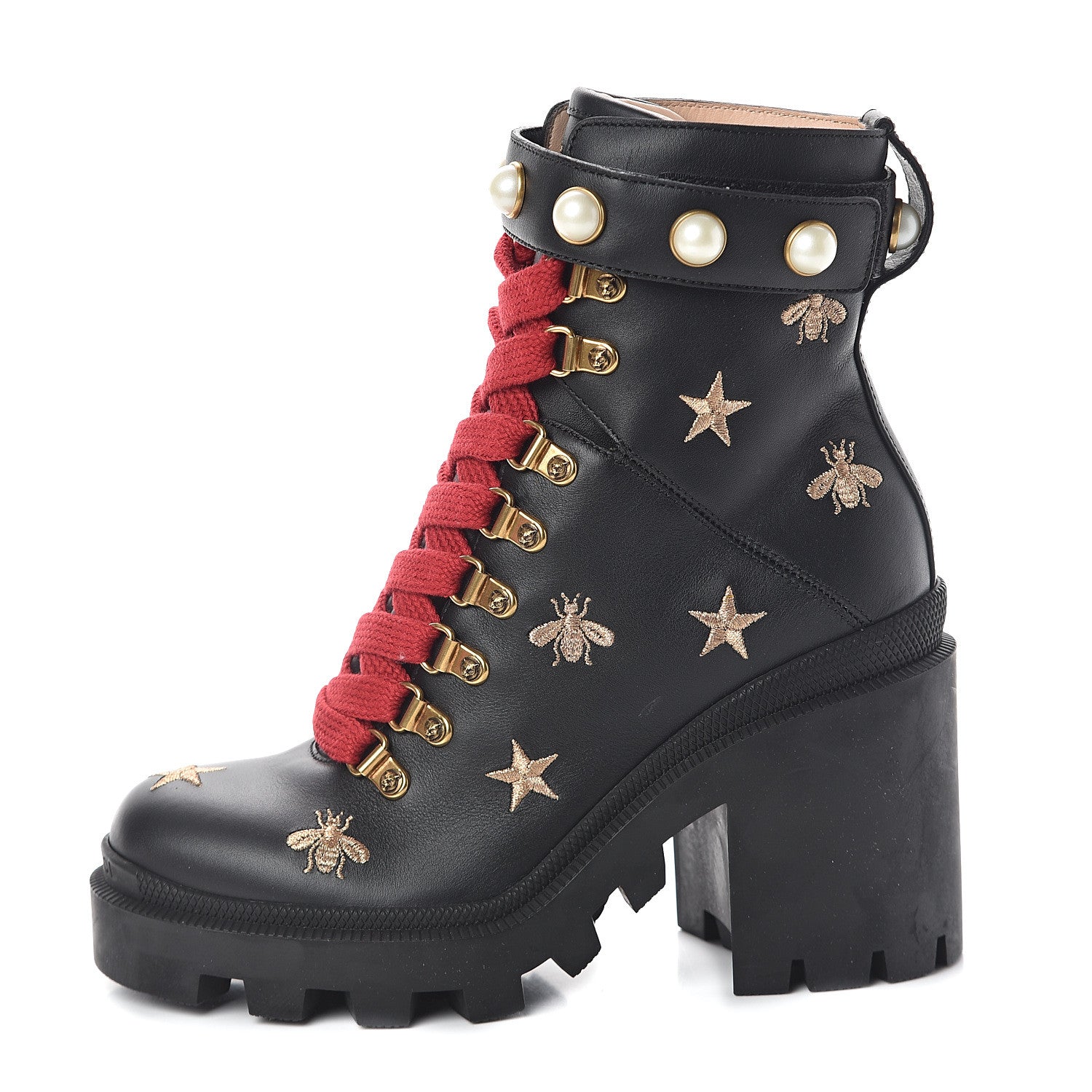 Gucci Calfskin Embroidered Lace Up Combat Ankle Boots 35.5 Black 1 of 6