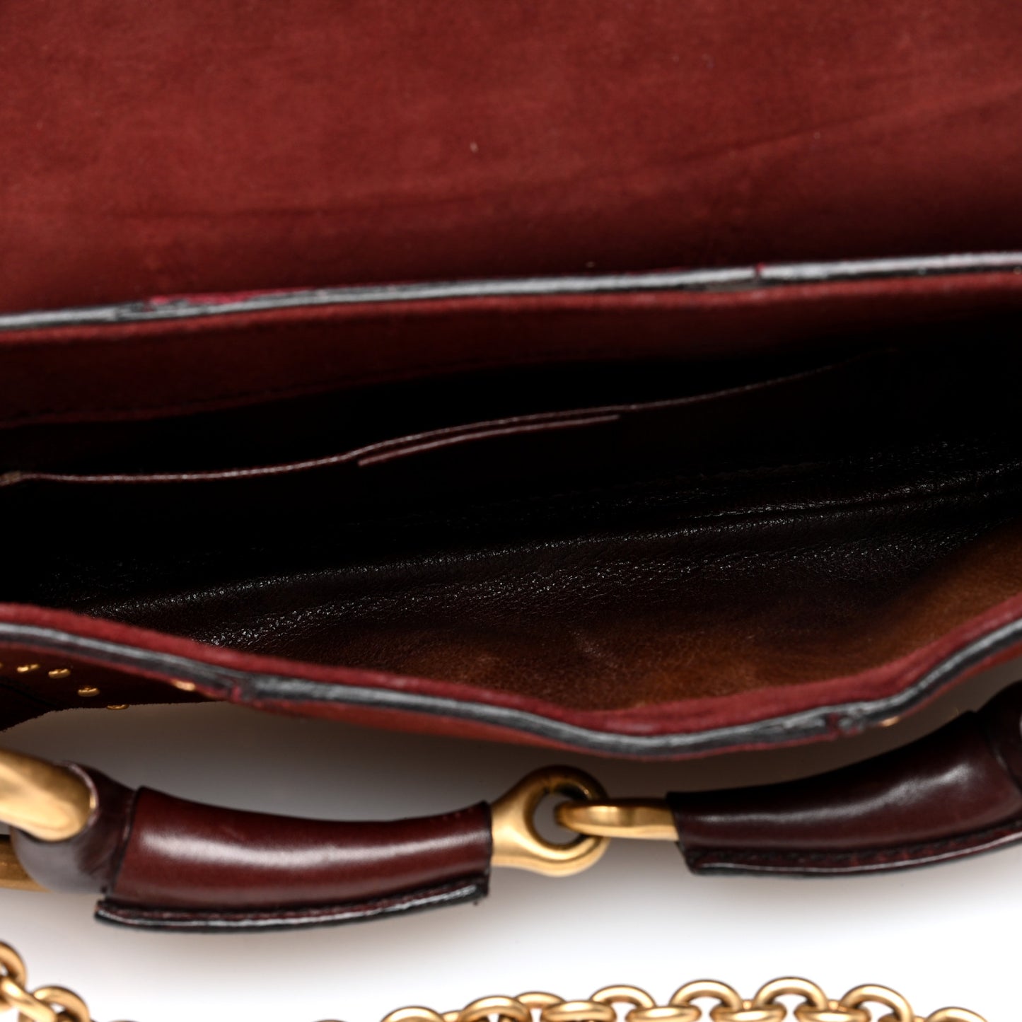 Suede Studded Horsebit Clutch Bag Burgundy