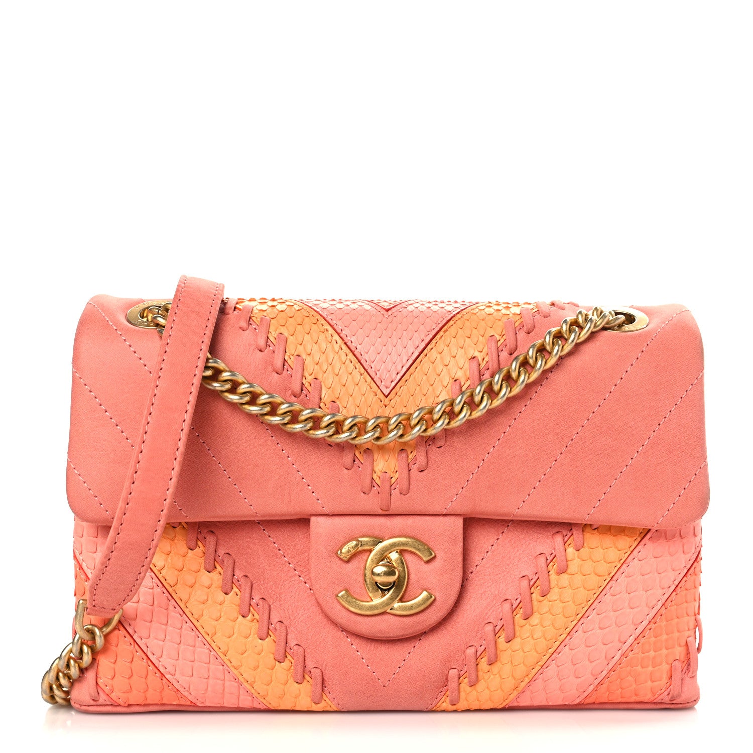 Chanel Iridescent Calfskin Snakeskin Patchwork Chevron Flap Coral 1 of 9