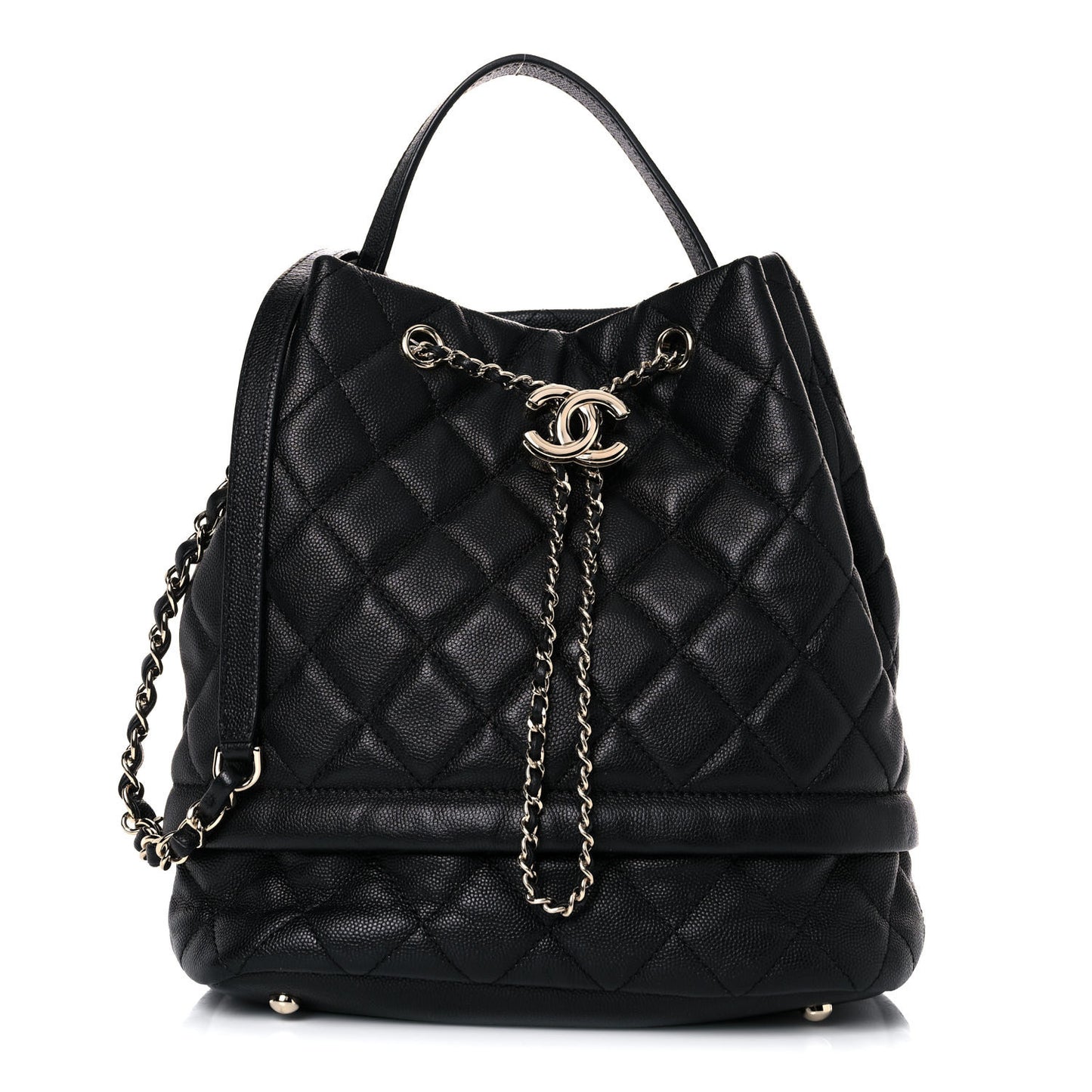 Caviar Quilted Large Rolled Up Bucket Drawstring Bag Black