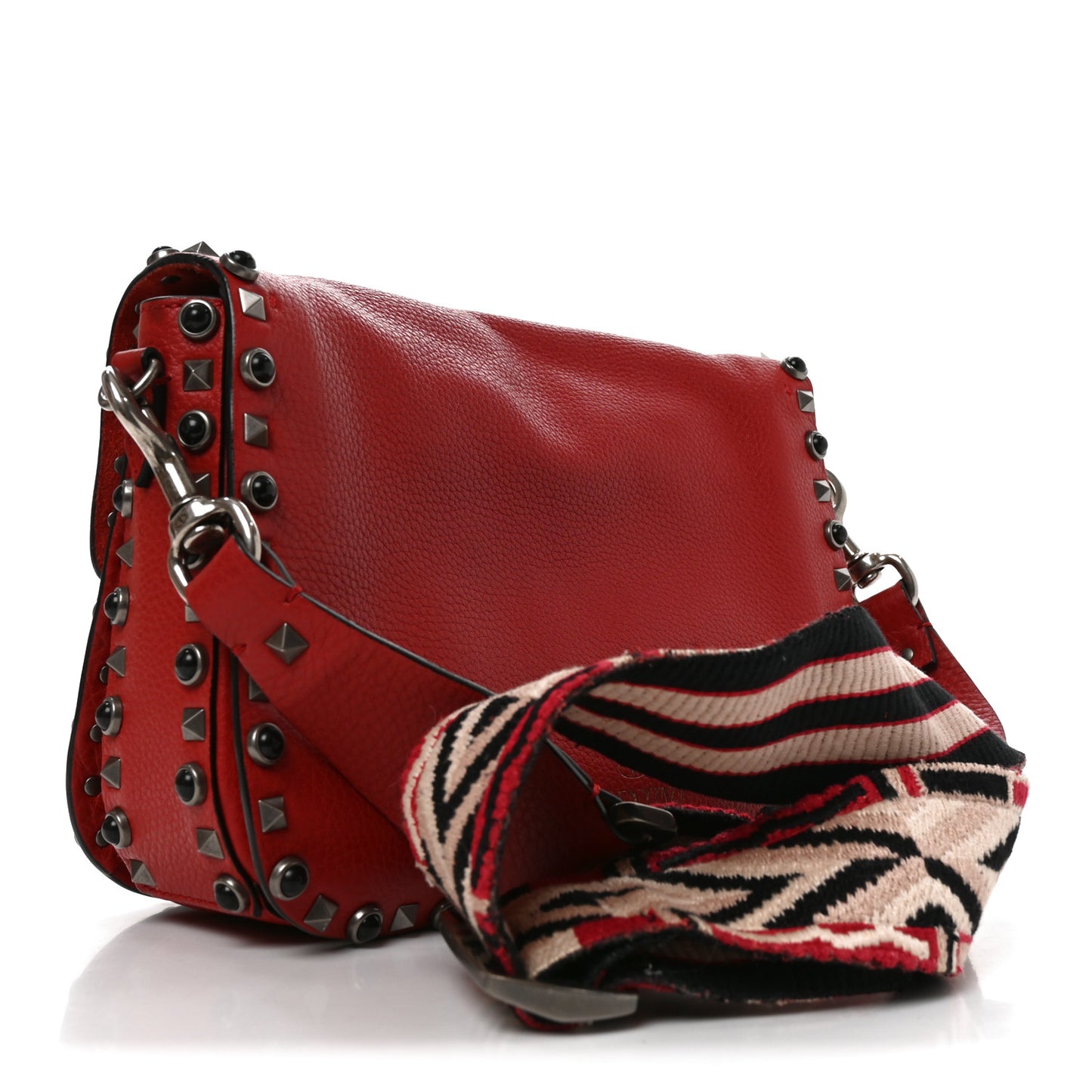 Grained Calfskin Onyx Medium Guitar Strap Rockstud Rolling Flap Saddle Bag Rosso Valentino