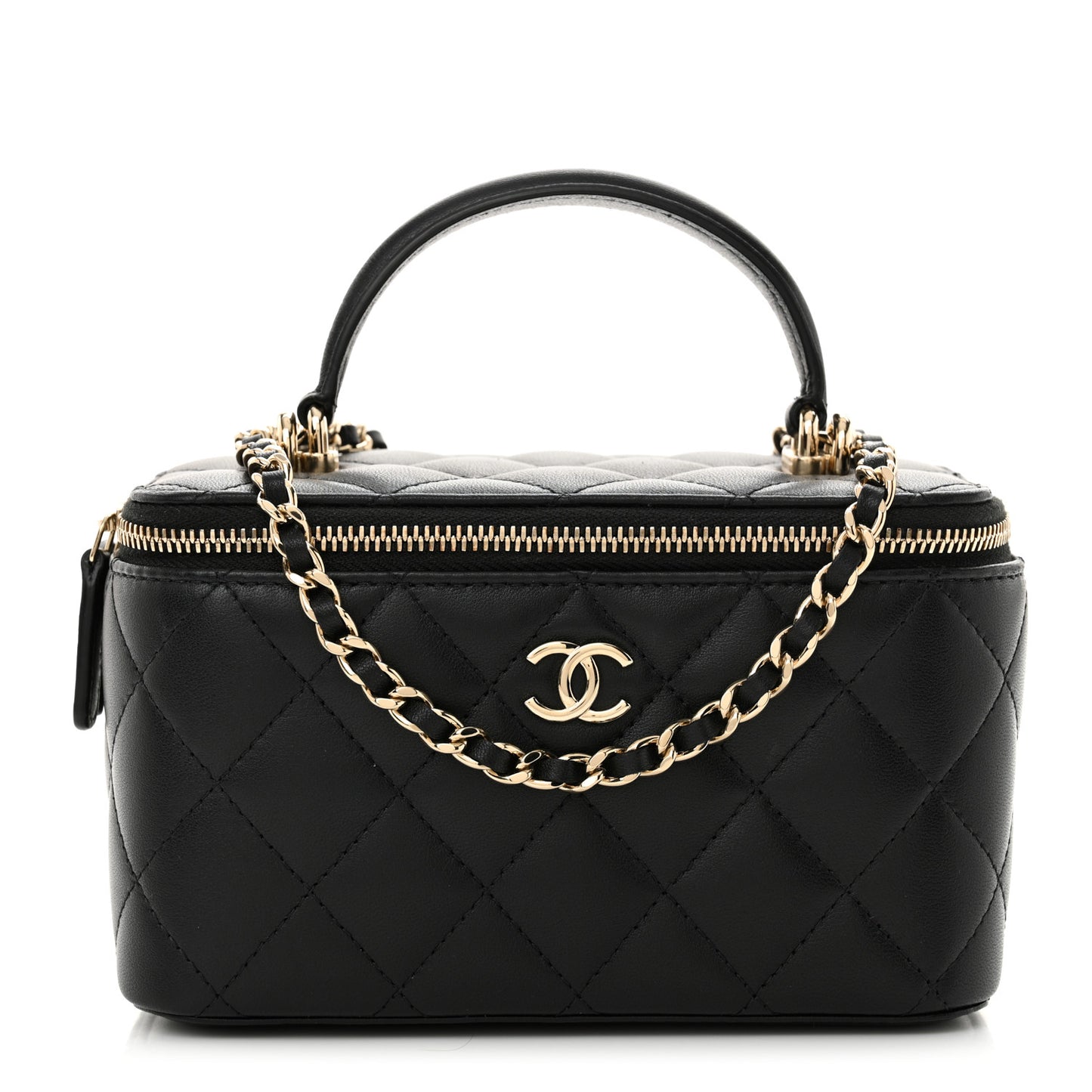 Lambskin Quilted Small Top Handle Vanity Case With Chain Black