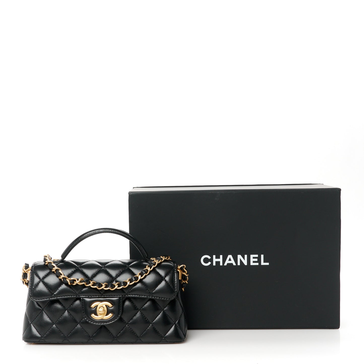 Lambskin Quilted Mini Flap Top Handle Bag Black