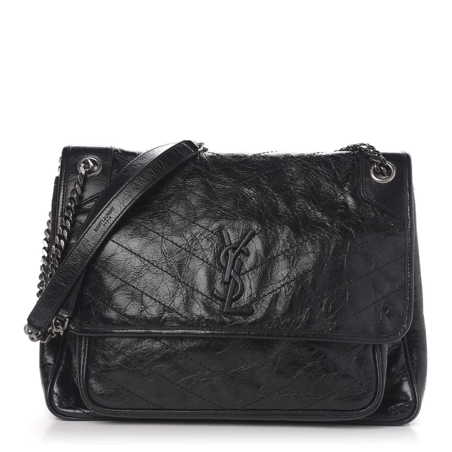 Crinkled Calfskin Matelasse Monogram Large Niki Chain Satchel Black