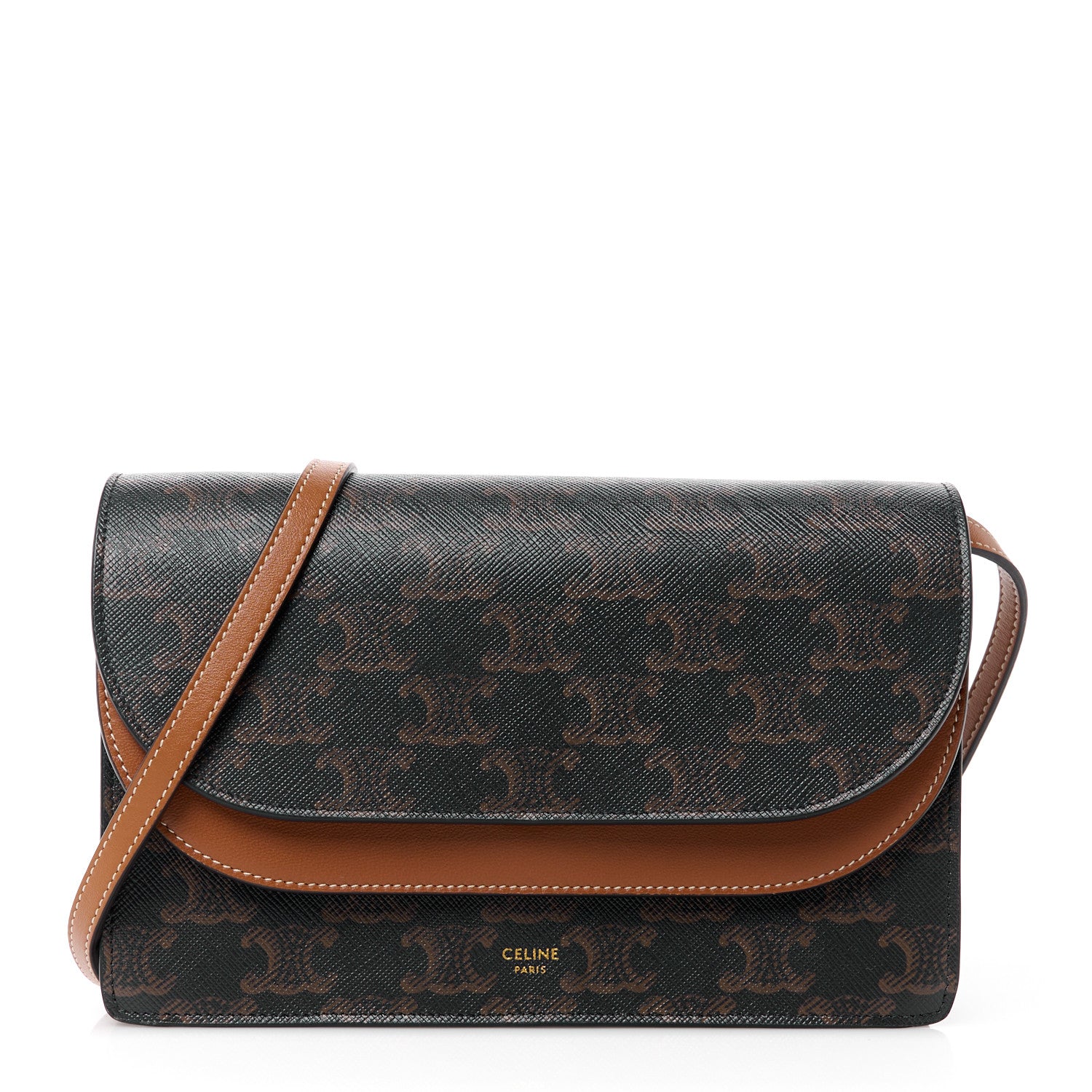 Celine Triomphe Canvas Lambskin Wallet On Strap Tan 1 of 13