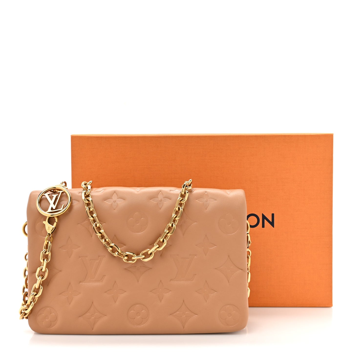 Lambskin Embossed Monogram Pochette Coussin Camel