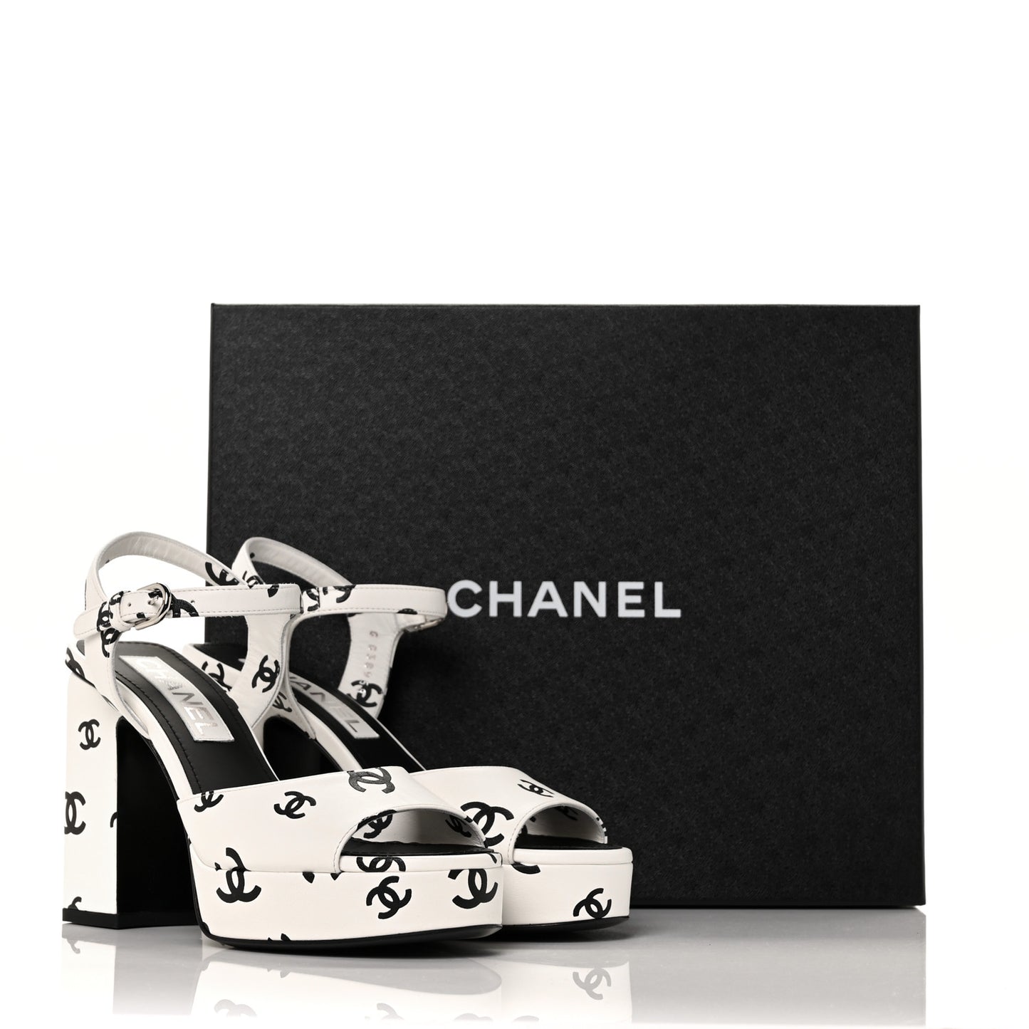 Printed Lambskin CC Platform Sandals 36 White Black