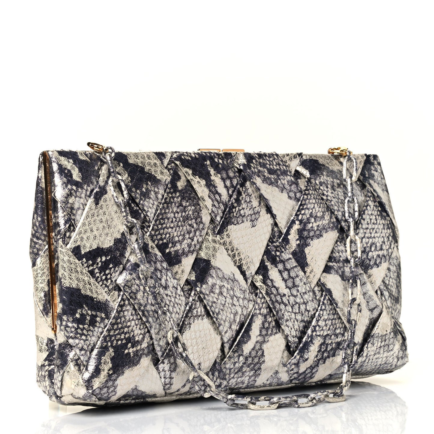 Snakeskin Woven Large Frame Chain Clutch Natural