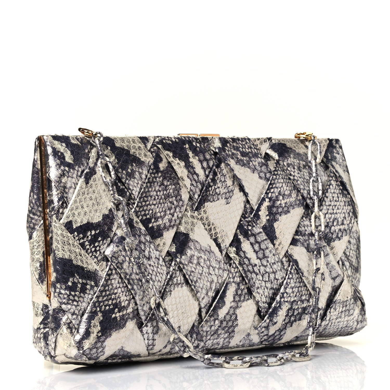Nancy Gonzalez Snakeskin Woven Large Frame Chain Clutch Natural 2 of 4