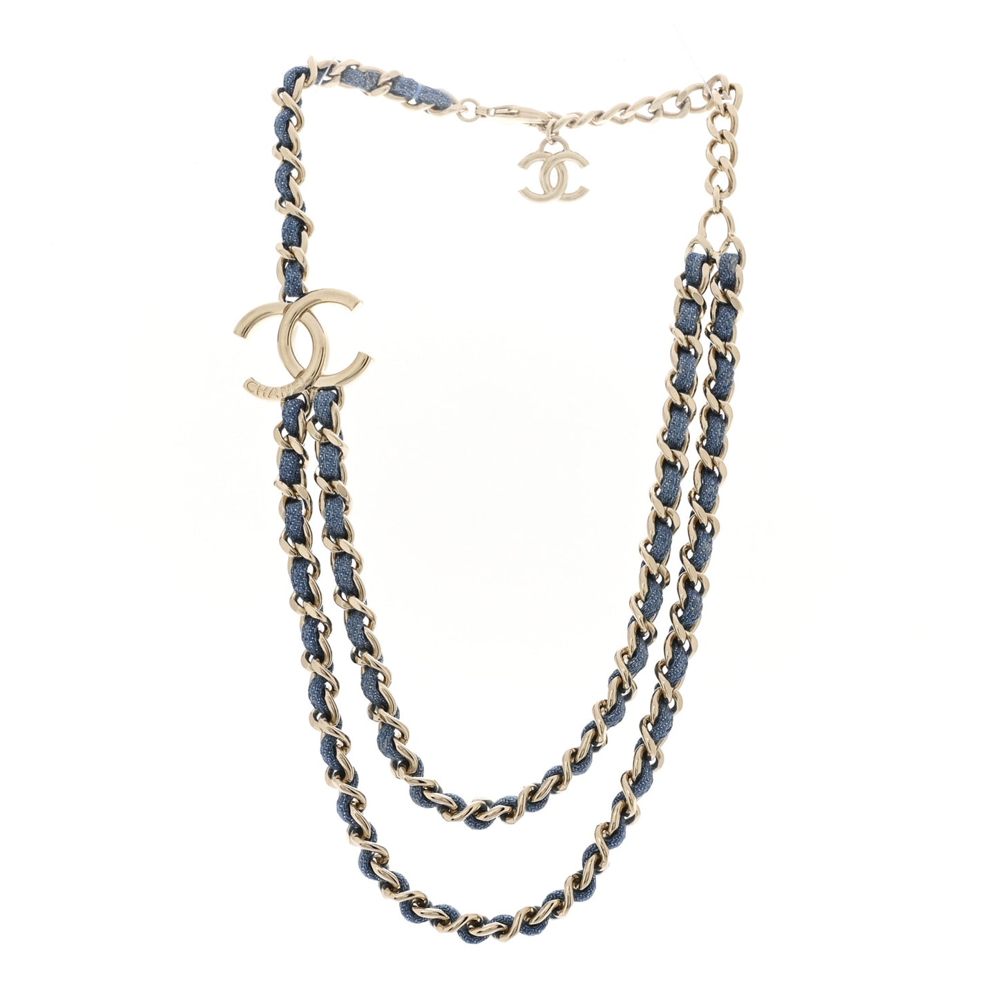 Metal Denim CC Double Chain Necklace Blue Gold