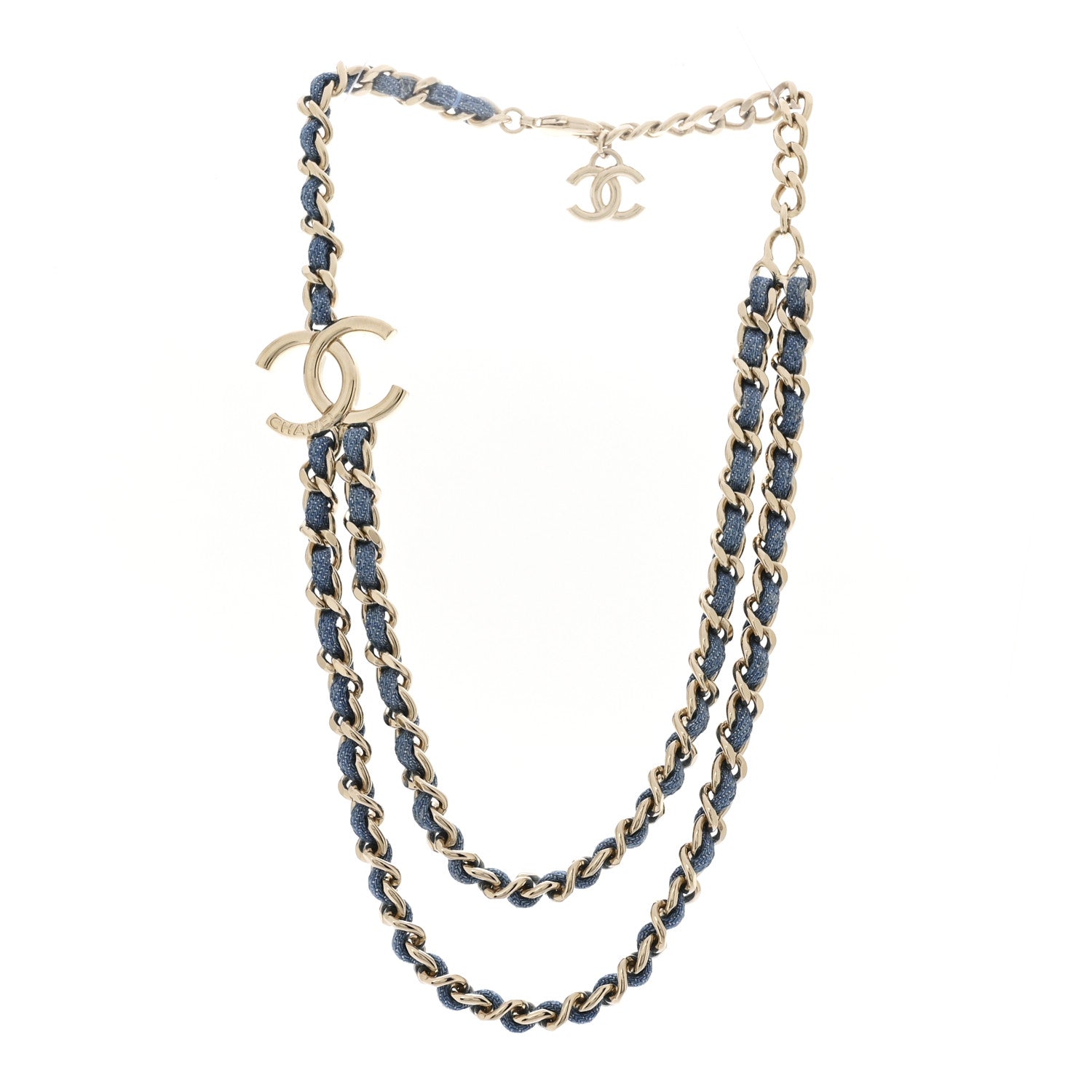 Chanel Metal Denim CC Double Chain Necklace Blue Gold 3 of 7