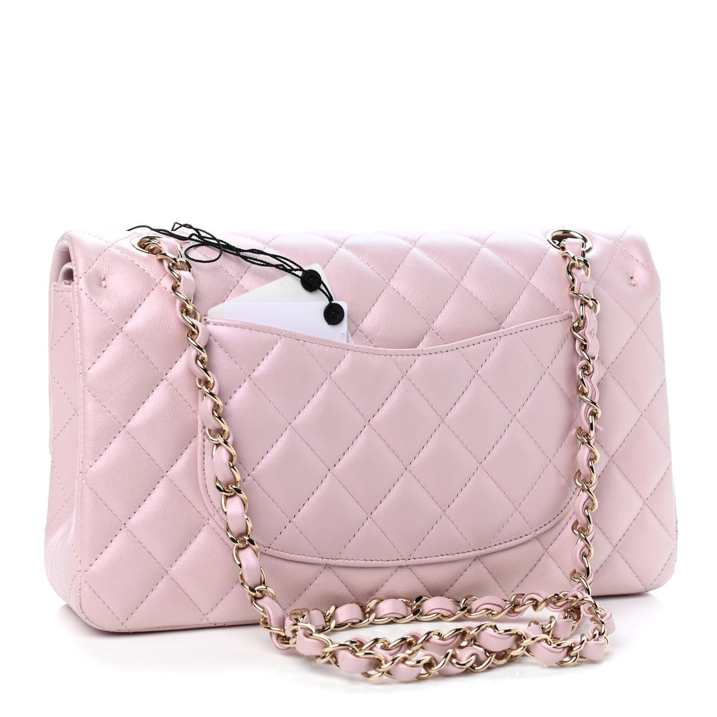 Iridescent Calfskin Quilted Medium Double Flap Light Pink