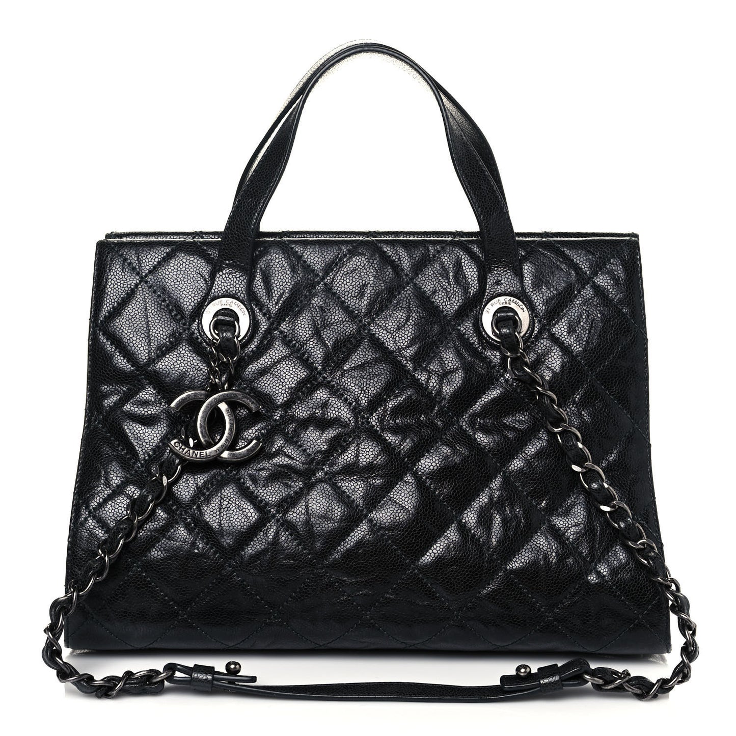 Crumpled Grained Calfskin Quilted CC Crave Tote Black