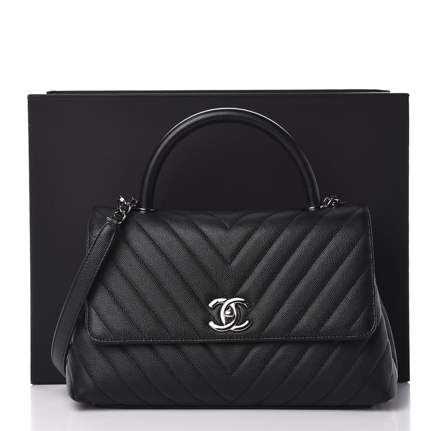 Caviar Chevron Quilted Small Coco Handle Flap Black