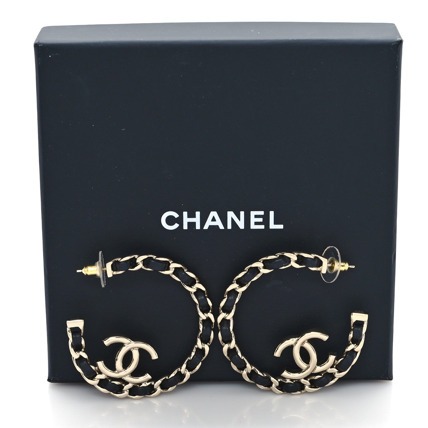 Chanel Metal Lambskin Quilted CC Chain Hoop Earrings Gold Black 6 of 6