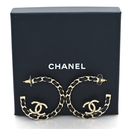 Chanel Metal Lambskin Quilted CC Chain Hoop Earrings Gold Black 6 of 6