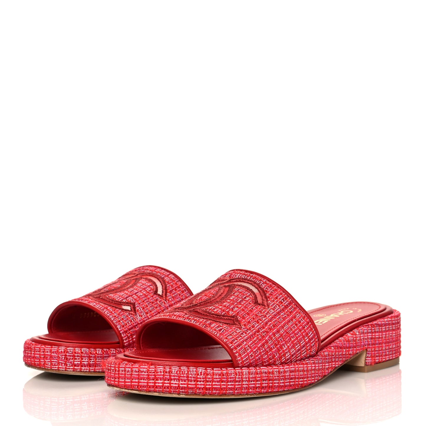 Tweed Lambskin CC Mules 40.5 Red White