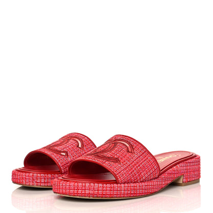Chanel Tweed Lambskin CC Mules 40.5 Red White 3 of 11