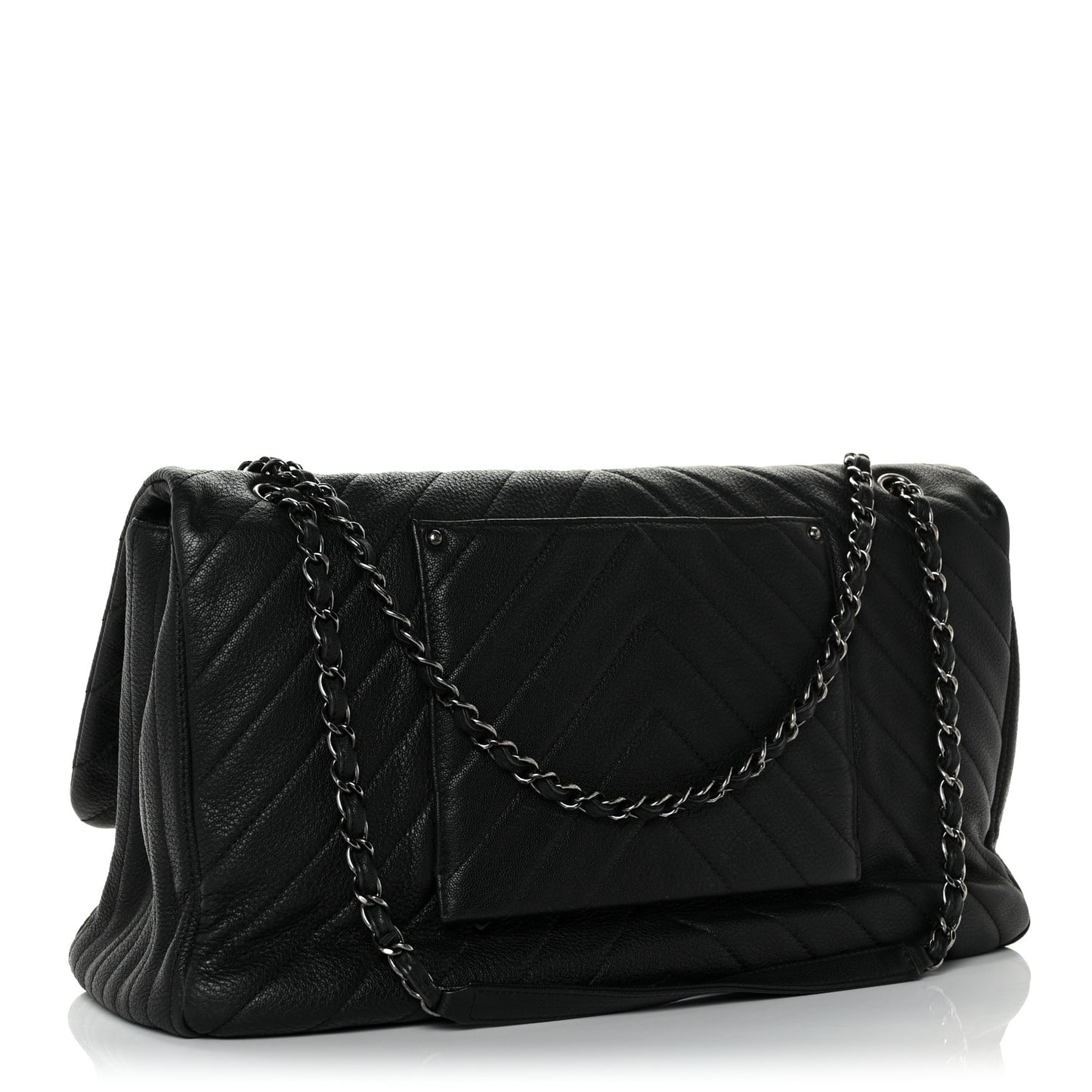 Calfskin Chevron Quilted XXL Travel Flap Bag Black