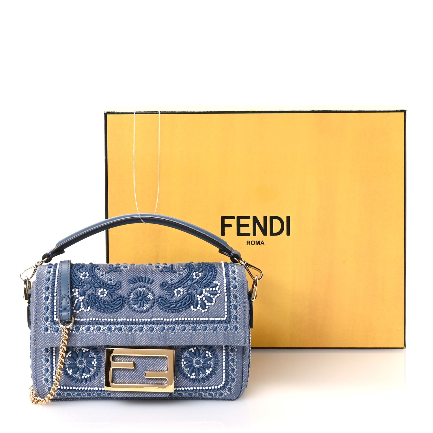 Fendi Denim Embroidered Coral Bandana Mini Baguette Myrtle 1654557