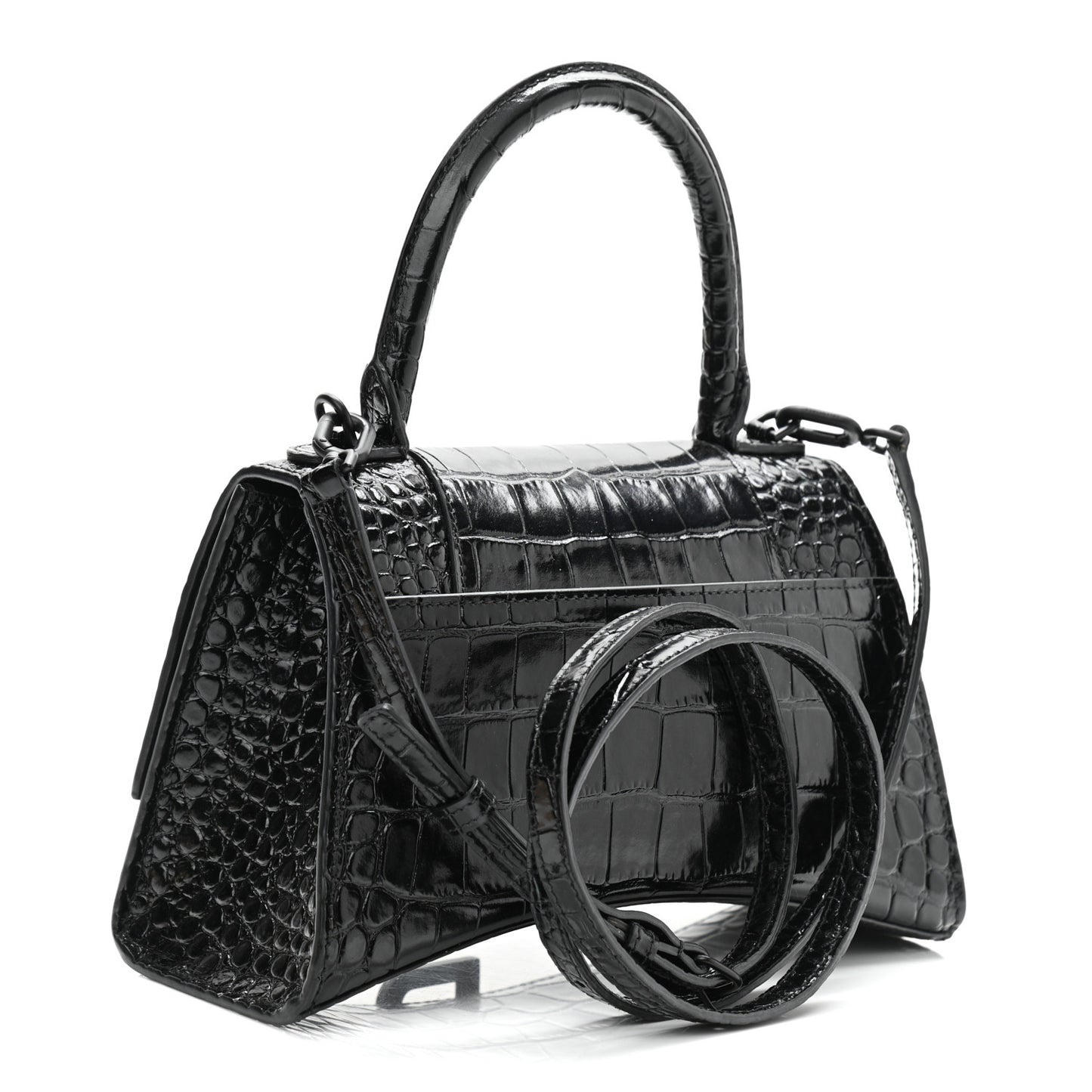 Shiny Calfskin Monochrome Crocodile Embossed Small Hourglass Top Handle Bag Black