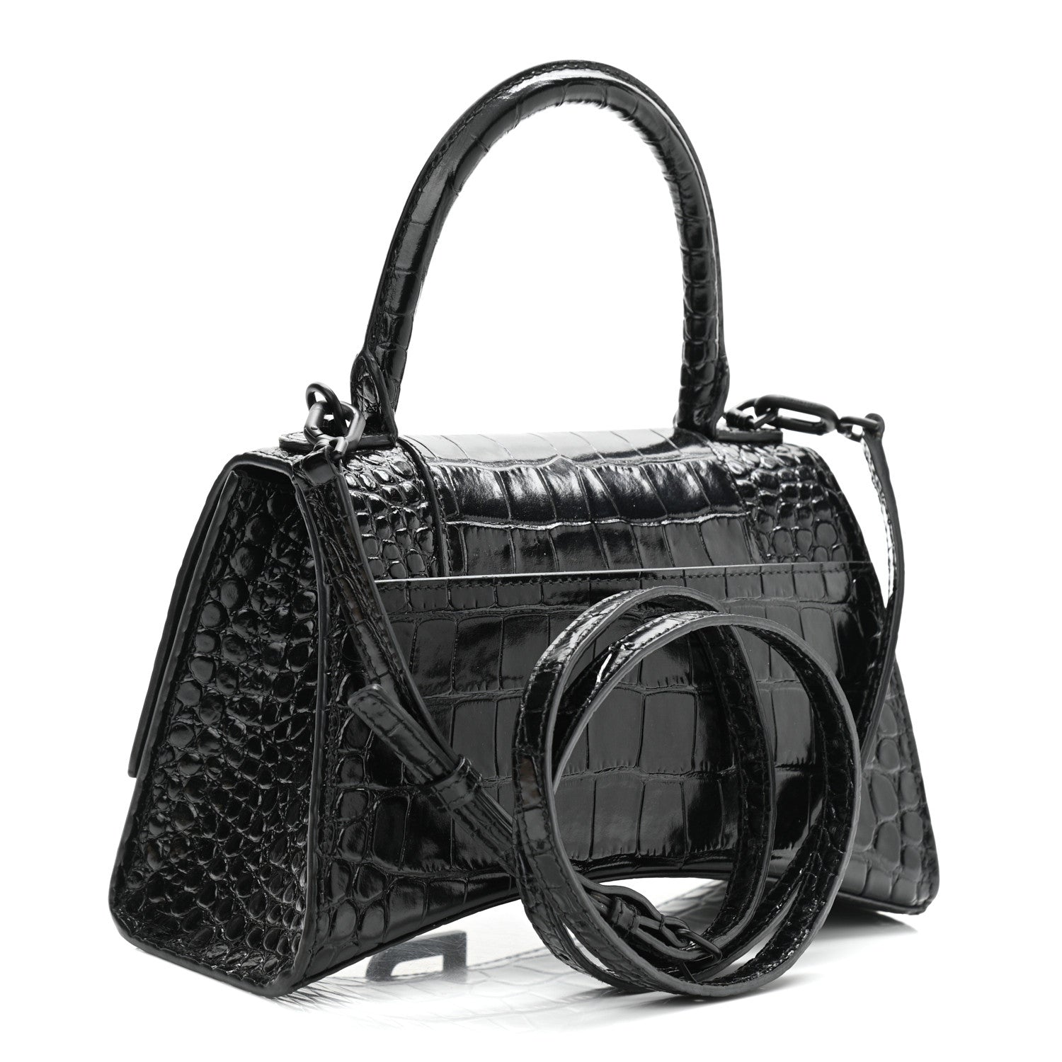 Balenciaga Shiny Calfskin Monochrome Crocodile Embossed Small Hourglass Top Handle Bag Black 3 of 11